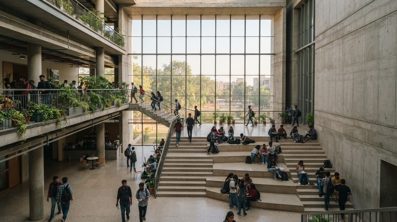 Students between sessions in the Marga Evolearn campus atrium